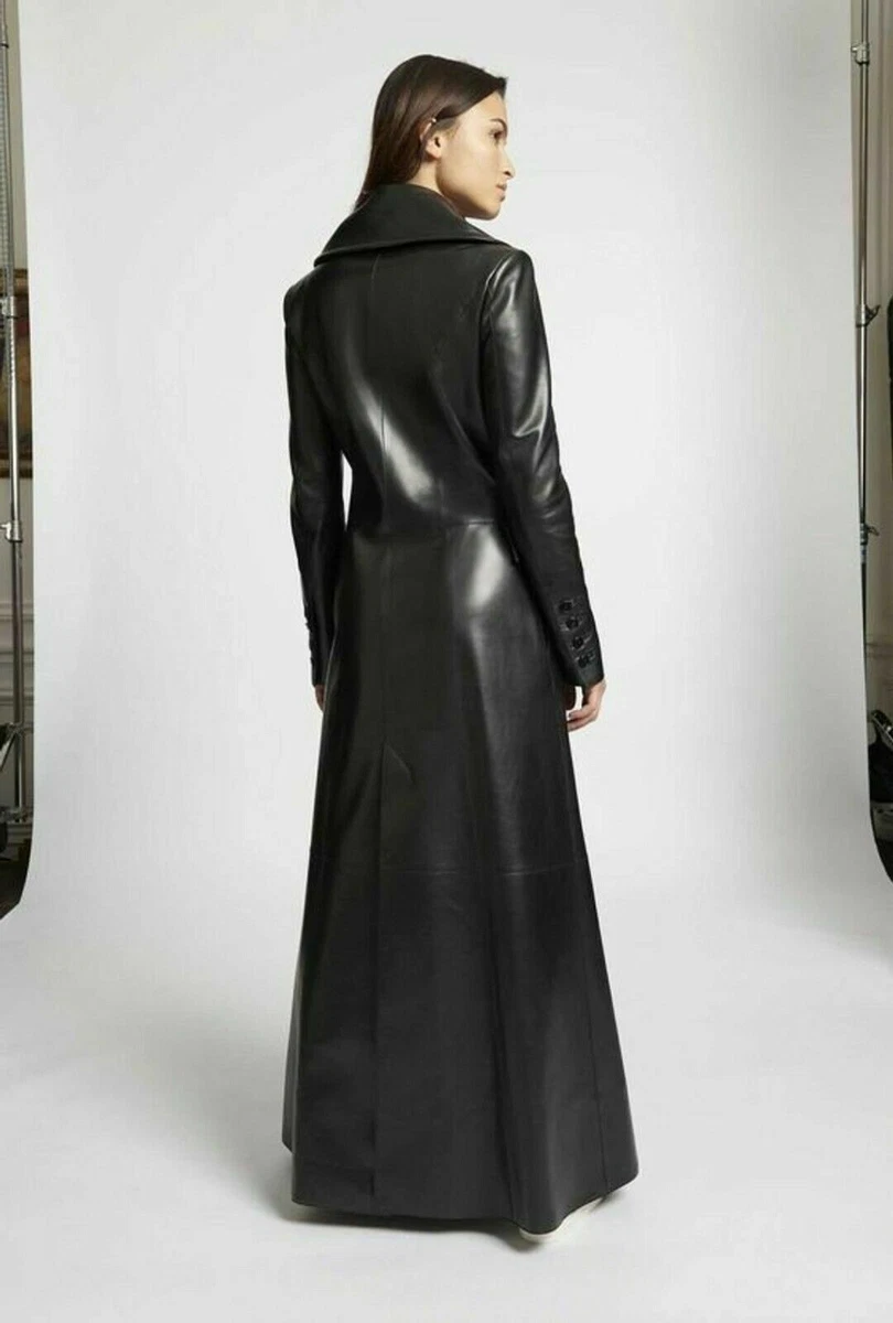Women's long black leather trench coats cheap