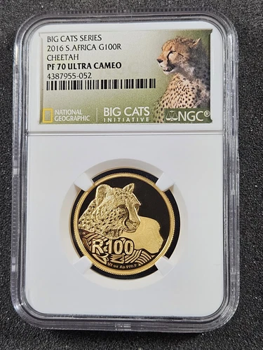 🌟 2016 South Africa 100 Rand Big Cats CHEETAH 1/2 oz .9999 Proof Gold NGC PF70