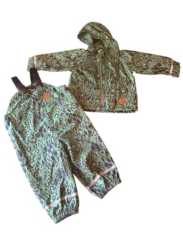 Mini Rodini Kids Leopard-Print Waterproof Jacket & Overalls Set US 12-18M Green