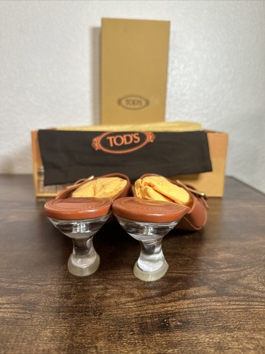 Tod’s Italy Slide Tan Brown Leather Mules Pumps Perspex Heels EU40 UK6.5 RRP$650 - Picture 10 of 13