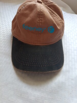 feeny baseball cap hat, distressed brown bill brown with logo, eyes in back, adj