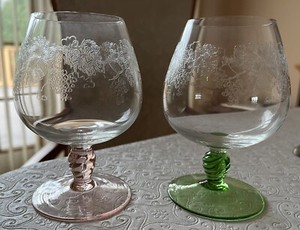 Vintage Etched Crystal Brandy Snifter Glasses Twisted Colored Stem Set Of 2