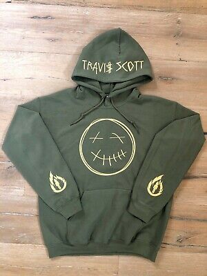 Travis Scott Hoodie Smiley Face La Flame Sleeves Name on Hood Green (Tan  Print) | eBay