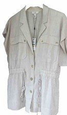 Halston Utility Jacket L Stone Linen Blend Cinch Waist Nwt Gold Tone Buttons