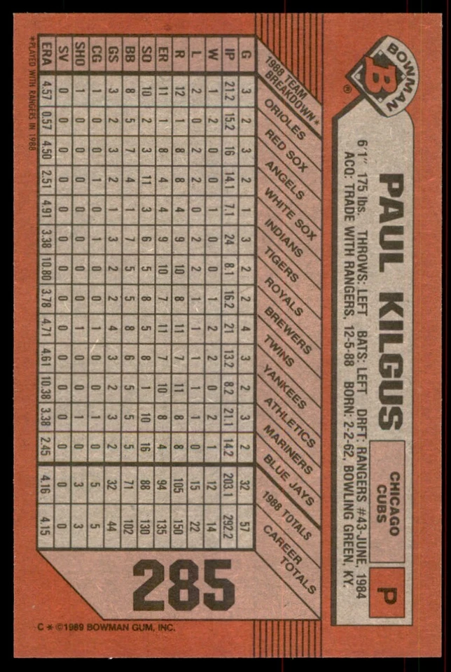 1989 Bowman Paul Kilgus Chicago Cubs #285 - Image 2 of 2