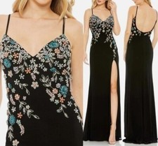 Mac Duggal 42006 Black Jersey Maxi Gown Stretch Floral Crystal Embellished Sz. 6