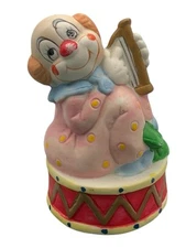 Jasco Clown Bell Bisque Porcelain Figurine Sitting Drum Harp Pink Blue Vtg 1978