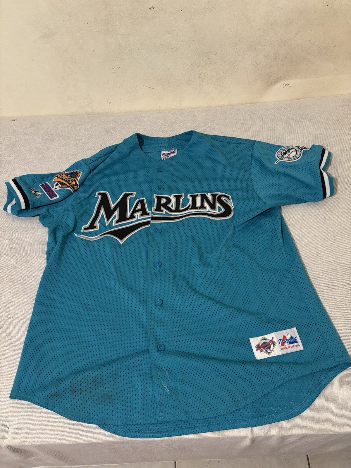 Majestic Diamond MLB world Series Patch Florida Marlins Jersey XL 90s Teal