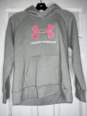Under Armour Girls youth large Hoodie Gray Graphic Print Pink Logo Hooded