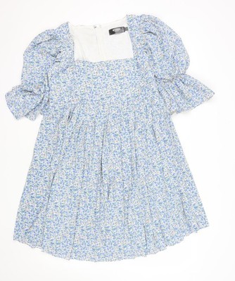Missguided Umstandskleid blau Blumen A-Linie Puffärmel UK 10
