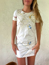 Tory Burch Women’s XS White Floral Sequin Knit Cotton T-Shirt Dress Short Sleeve
