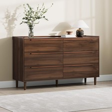 6-Drawer Walnut Dresser 54" Wide   Modern Chest of Drawers with Wood Handles
