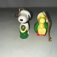 Vtg 1966 Snoopy & 1972 Woodstock Hanging Christmas Ornaments 2.5" Tall Peanuts