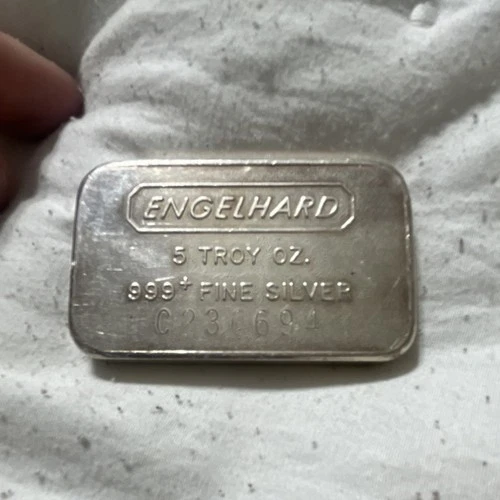 Engelhard 5 oz .999 Fine Silver Bar, 5 Troy Oz Silver Bar, C series bar shape