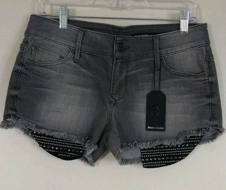 Pantalones Cortos de Jeans Negros Orchid Lola Corte Tachonado Gris Talla 28 Tiro Bajo Foto 4 de 4