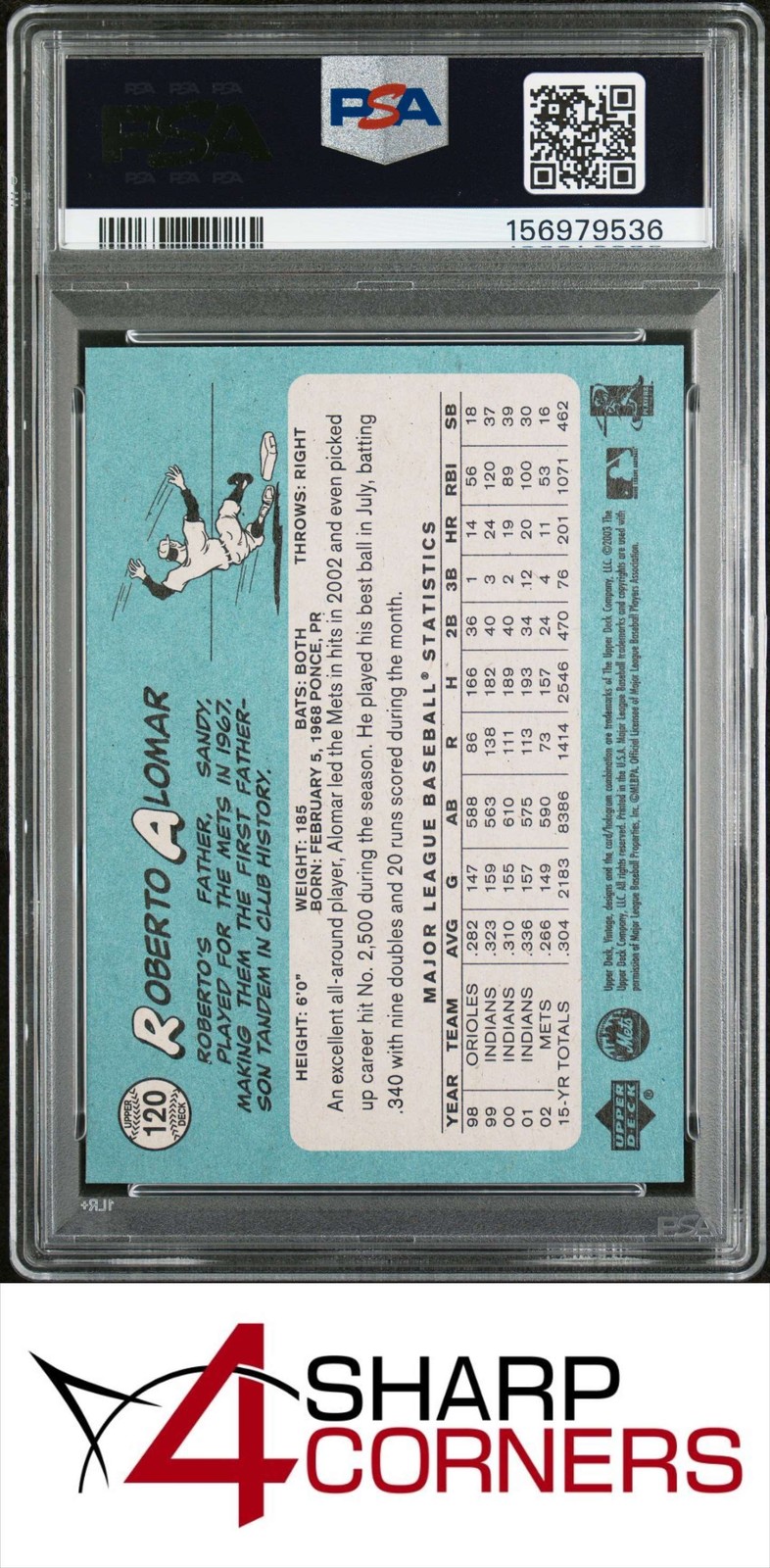 2003 UPPER DECK VINTAGE #120 ROBERTO ALOMAR HOF POP 6 PSA 10 view 2