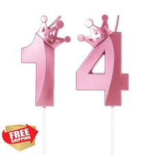 Pink Crown Number 14 Birthday Candle Cake Topper 3D Boys Girls