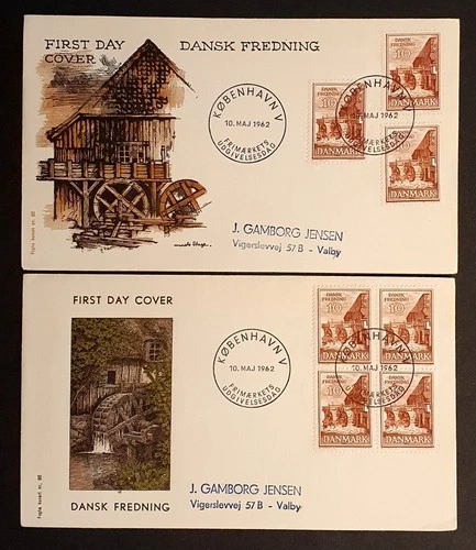 Denmark Stamps 1962 Borkop Watermill Journey singles & 4 block first day covers
