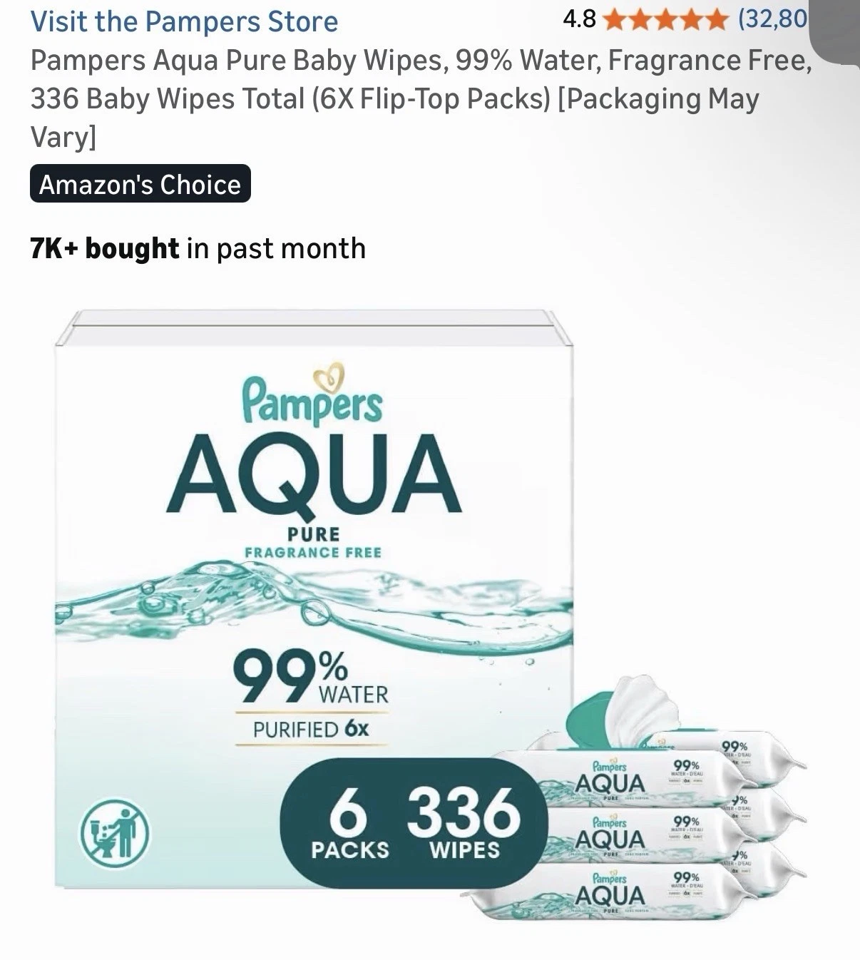 Pampers Aqua Pure Baby Wipes, 99% Water, 56 Count (336 Wipes )
