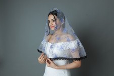 prayer mantilla veil Blue D Shape for church embroidered Only Last Piece