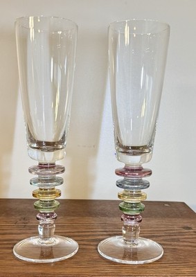 Block Carnival Crystal Champagne Flutes Set of 2 Multicolor Ring Stem Poland