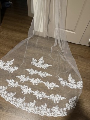 Cathedral Length White Tulle Net Wedding Veil with Lace Applique, Lace