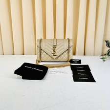 Saint Laurent YSL Monogram V-Flap Envelope Shoulder Chain Bag Beige Authentic
