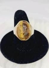 Antique OSTBY BARTON 10K White Gold Carved Tiger's Eye Gladiator Ring Sz 9.75