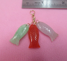 Vtg 14k Solid Y. Gold Green Red Lavender Carved Jadeite Jade Fish Pendant