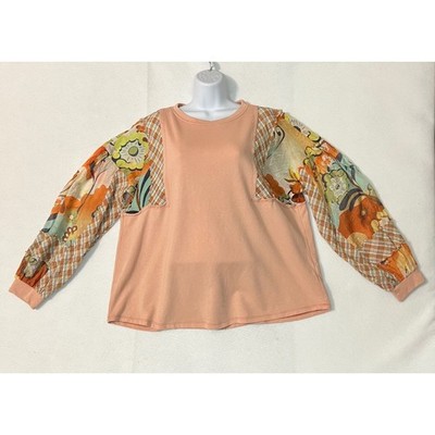 Easel Floral Plaid Patchwork Cottagecore Sweatshirt Peach Boho Top Size M
