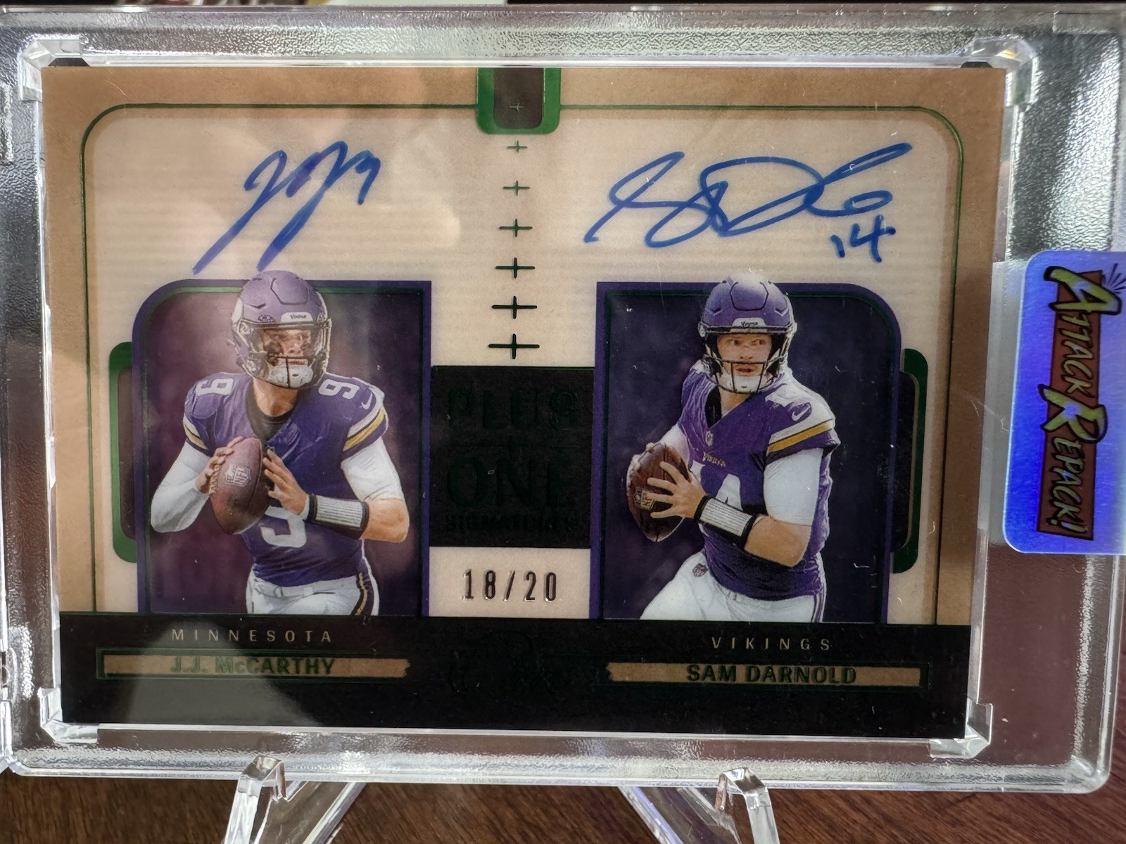 2024 Panini One Plus One Signatures Dual Auto Sam Darnold JJ McCarthy /20 Rare view 2