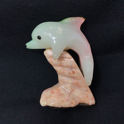 Small Carved Stone Leaping Dolphin Pink Base White Green Yellow Mini Figurine 3''