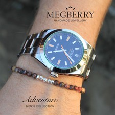 MEGBERRY® Mens Beaded Bracelet Leopardskin Jasper Gemstone 925 Sterling Silver 