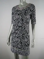 BCBGMaxAzria Knit Dress Sz S Black White Mod Print Half Sleeve Mini Sheath Shift