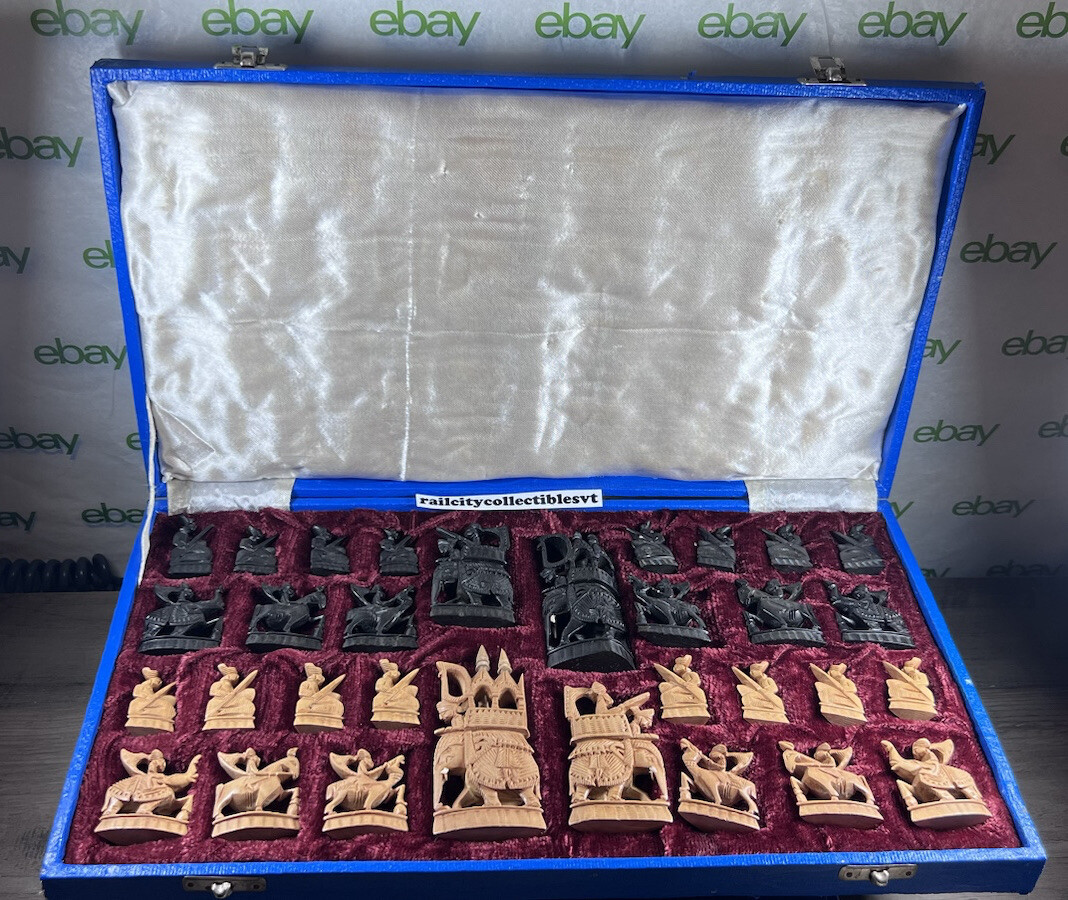 Vintage Rajasthani Hand Carved Sandalwood & Ebony Blackwood Chess