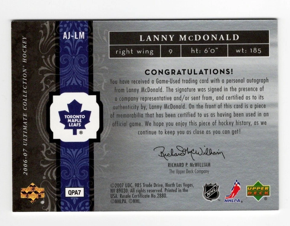 2006-07 Ultimate Collection Autographed Auto Jersey Autograph Lanny McDonald /50 - Image 2 of 2