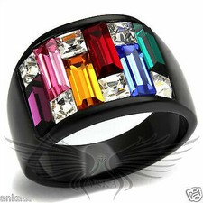 Rainbow Top Grade Crystal Cocktail Black Ip Fashion Ring 5 6 7 8 9 10 Tk1397J
