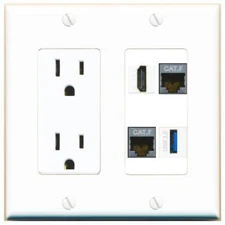 2 CAT7 HD USB-3 Port Wall Plate w/Power Outlet White
