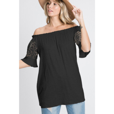 Heimish Womens Ruffled Off Shoulder Solid Lace Contrast Sleeve Top (L)