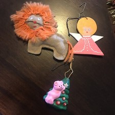 3 Vtg. homemade Christmas ornaments, Lion, Angel & Cat Climbing Christmas Tree