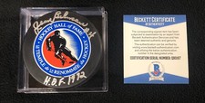 Jean Beliveau Signed Hockey Hall Of Fame Puck Beckett COA Montreal Canadiens HOF