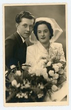 Carte PHOTO photographie, les mariés MARIAGE WEDDING voile corbeille de fleurs