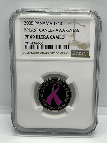 2008 Panama 1/4 Balboa Breast Cancer Awareness Coin Colorized Proof NGC PF69UC
