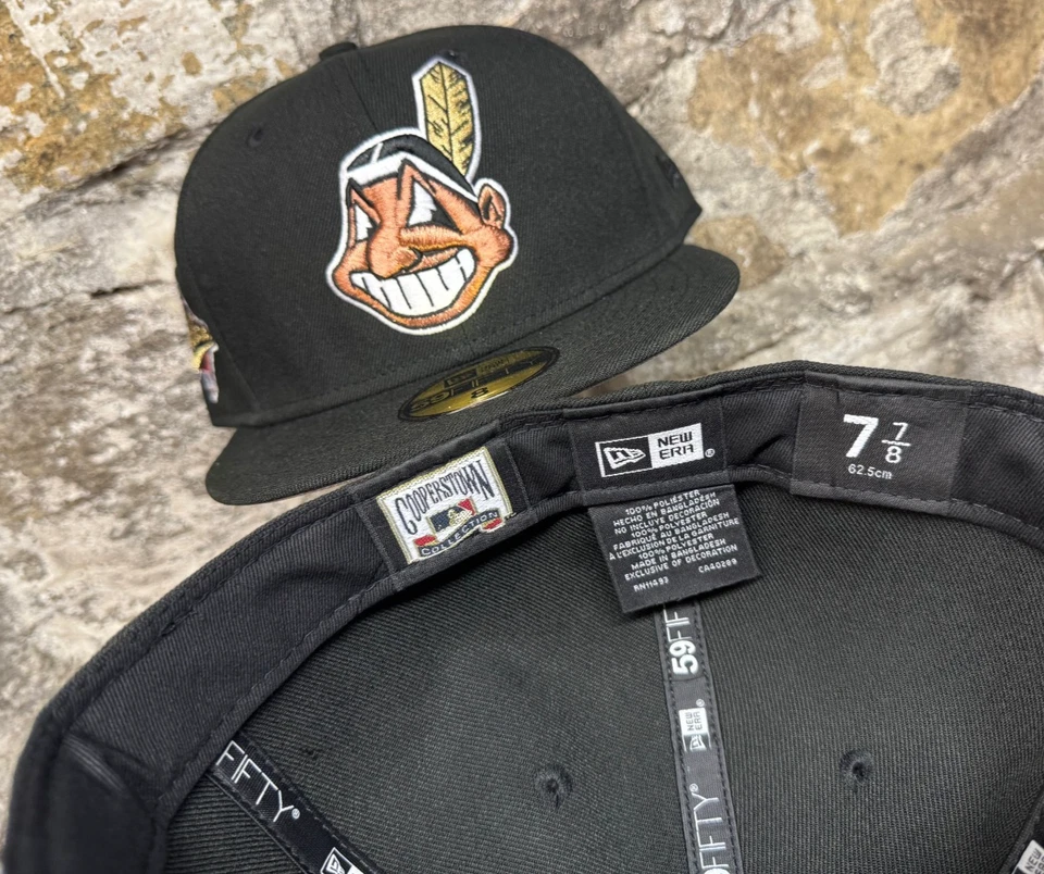 Chapéu preto Cleveland Indians Wahoo rosto de cobre New Era ajustado clube 59Fifty raro! - Imagem 3 de 4