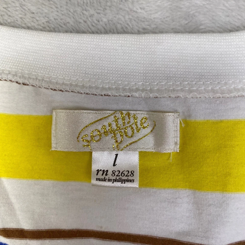 South Pole Womens Striped V Neck Tee Shirt Royal Essentials Blue Yellow White L - Image 3 of 4