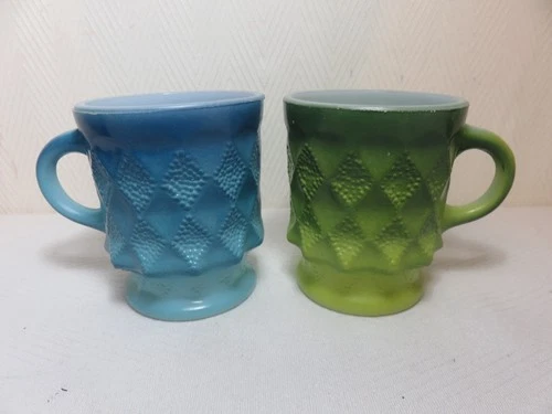 2 Vtg retro Anchor Hocking  and FK milk glass Kimberly coffee mugs