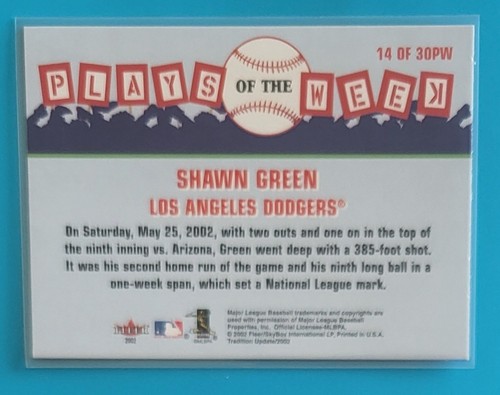 Tarjeta Fleer Tradition 2002 actualización juegos de la semana #14PW Shawn Green de Los Ángeles - Imagen 2 de 2