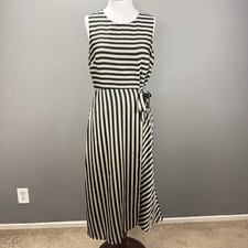 Vince Camuto Stripe Midi Dress Sz 10 Women's Sleeveless Waist Tie Classic