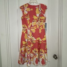 NWT Women’s London Times Floral Print Cap Sleeve Dress Coral Fit Flare Sz 4