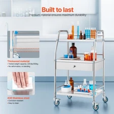 VEVOR Service Cart, 3 Layers Stainless Steel Utility Rolling Cart, Medical Cart